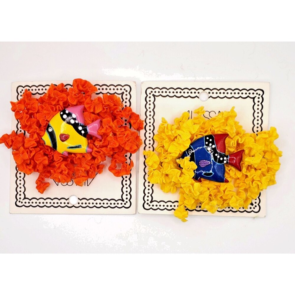 Hair Clip Bow Girls Angel Fish Curly Ribbon Accessory Yellow and Orange Lot of 2